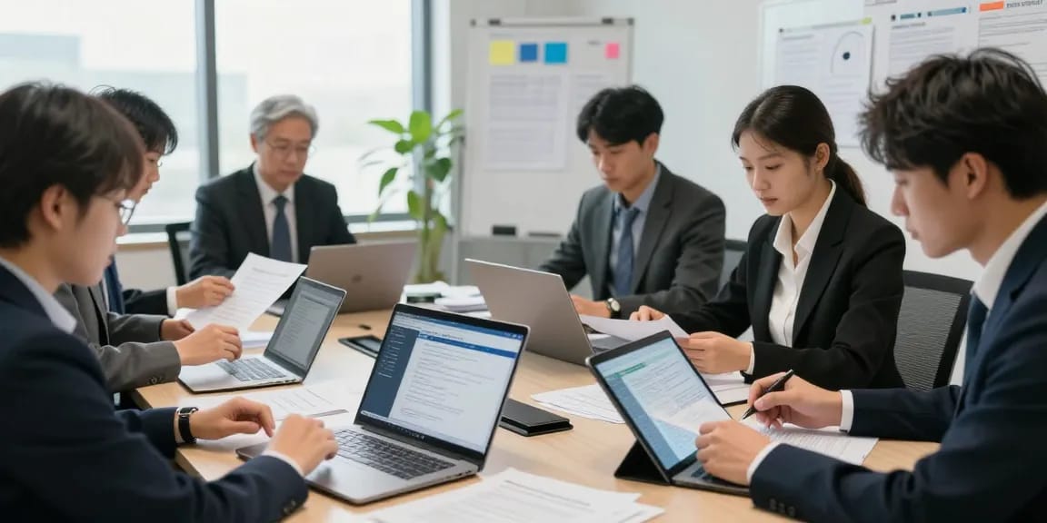 Document fraud detection specialists collaborating in a modern office to enhance security.