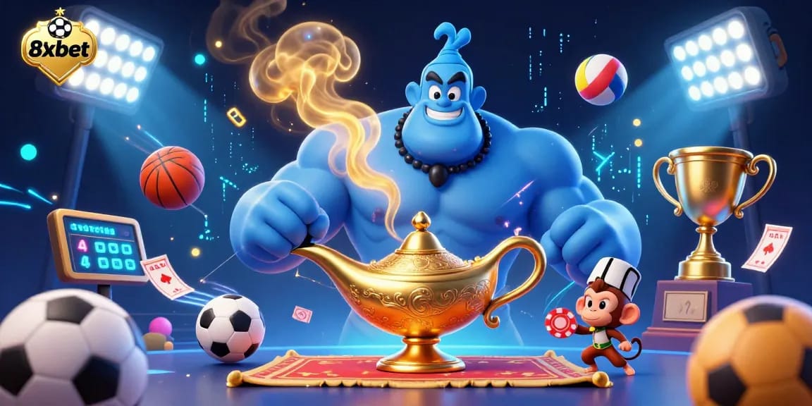 Experience thrilling gaming at 8xbet with a lively 3D depiction of sports betting features, showcasing dynamic action and vibrant elements.