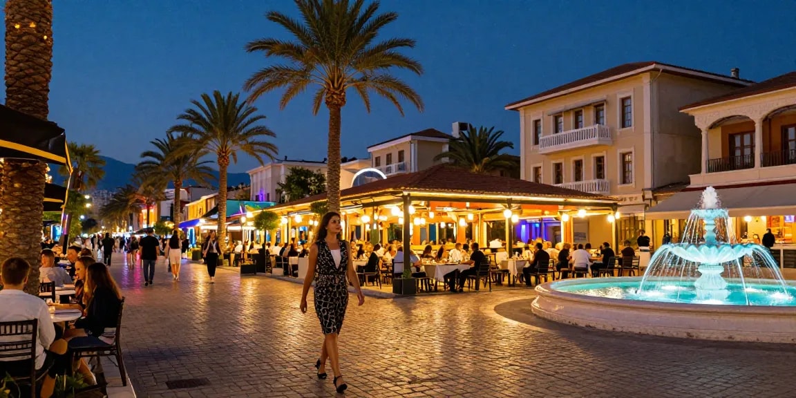 Stunning Antalya Merkez Escort scene capturing vibrant nightlife with elegant woman in evening wear.