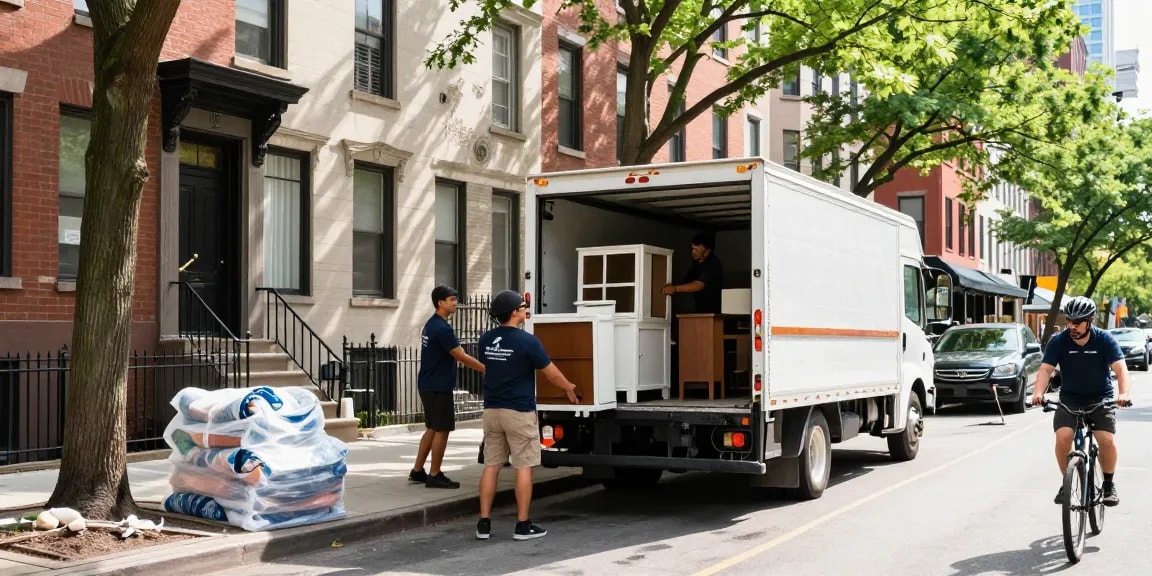 Chicago moving company team efficiently loading furniture in urban setting.