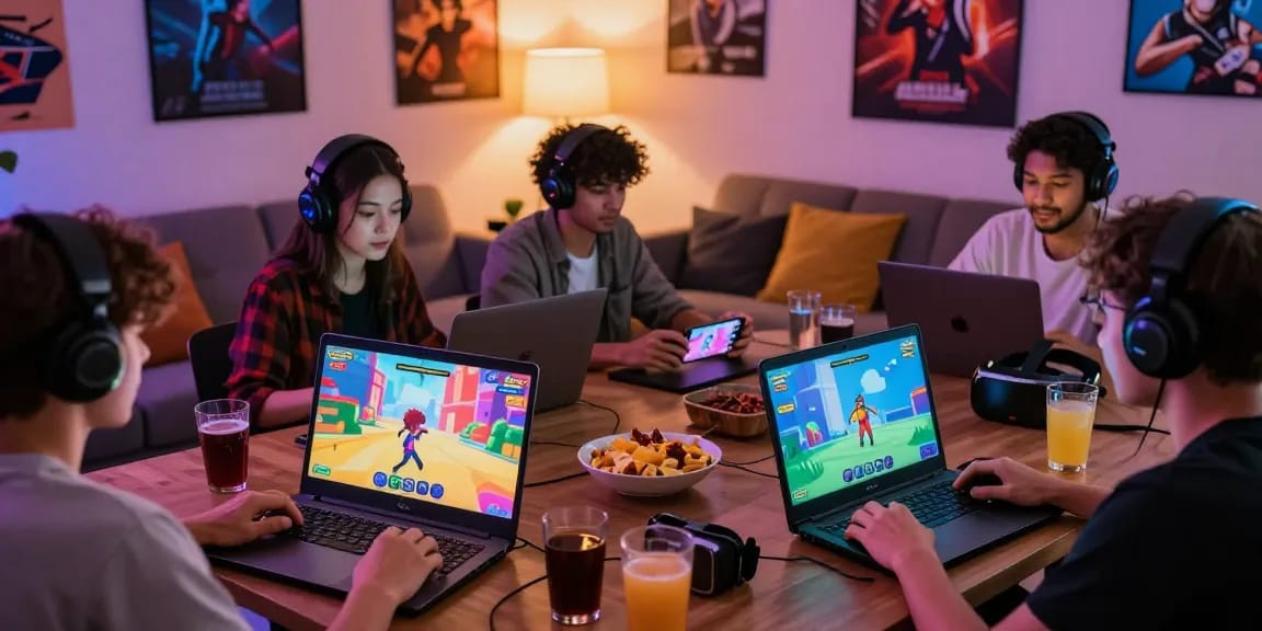 Players enjoying free porn games on various devices in a lively gaming atmosphere.