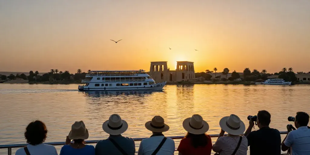 Lake Nasser Cruise ship sailing during sunset with passengers enjoying the view.
