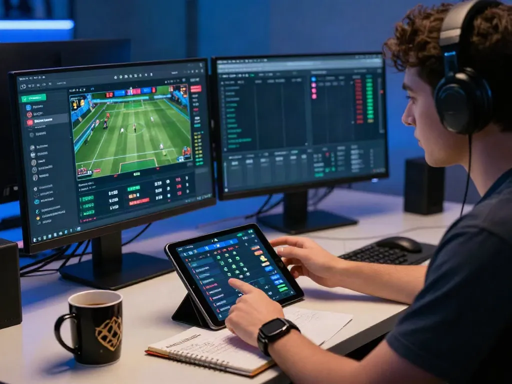 Player immersed in a debet gaming experience, analyzing odds and strategies.