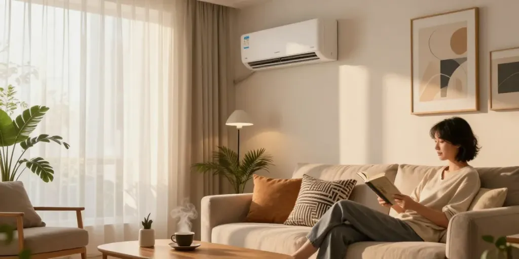 Cozy living room with a mini split AC unit providing comfort and style.