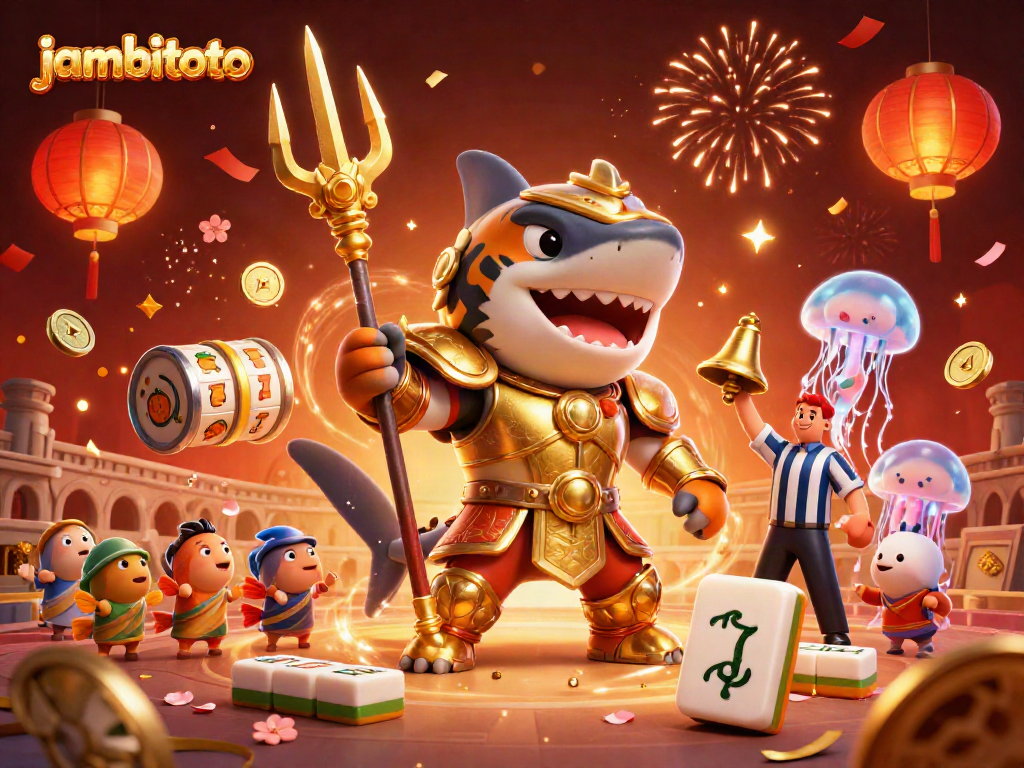 Experience thrilling gaming at jambitoto with an exhilarating underwater scene of a tiger shark in gladiator armor.