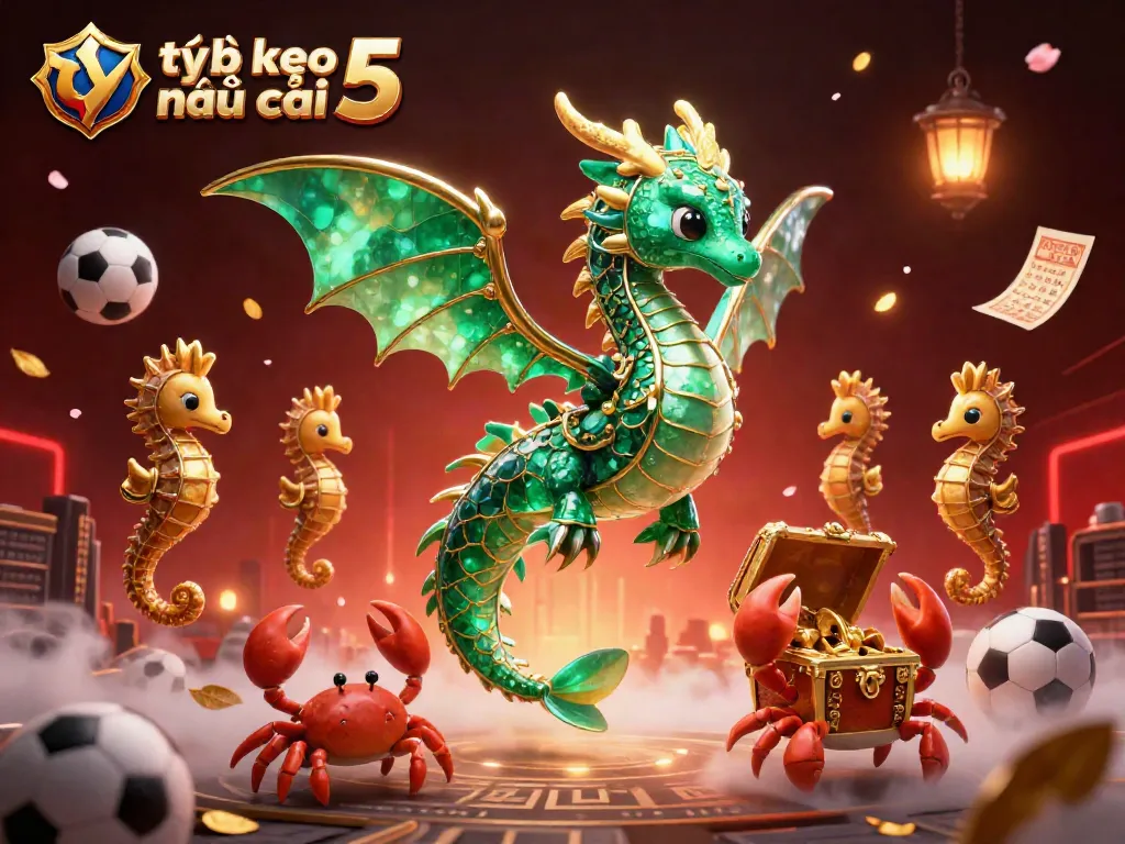 Experience the thrilling tỷ lệ kèo nhà cái 5 as a dynamic cartoon sea dragon and gambling symbols illuminate the scene.