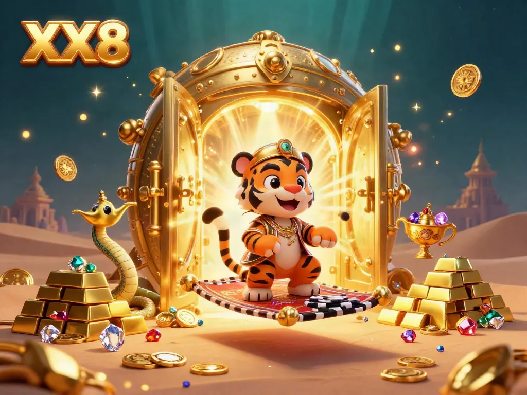 Experience the thrill of XX8 with a vibrant 3D casino scene featuring animated Arabian characters and dazzling treasures.