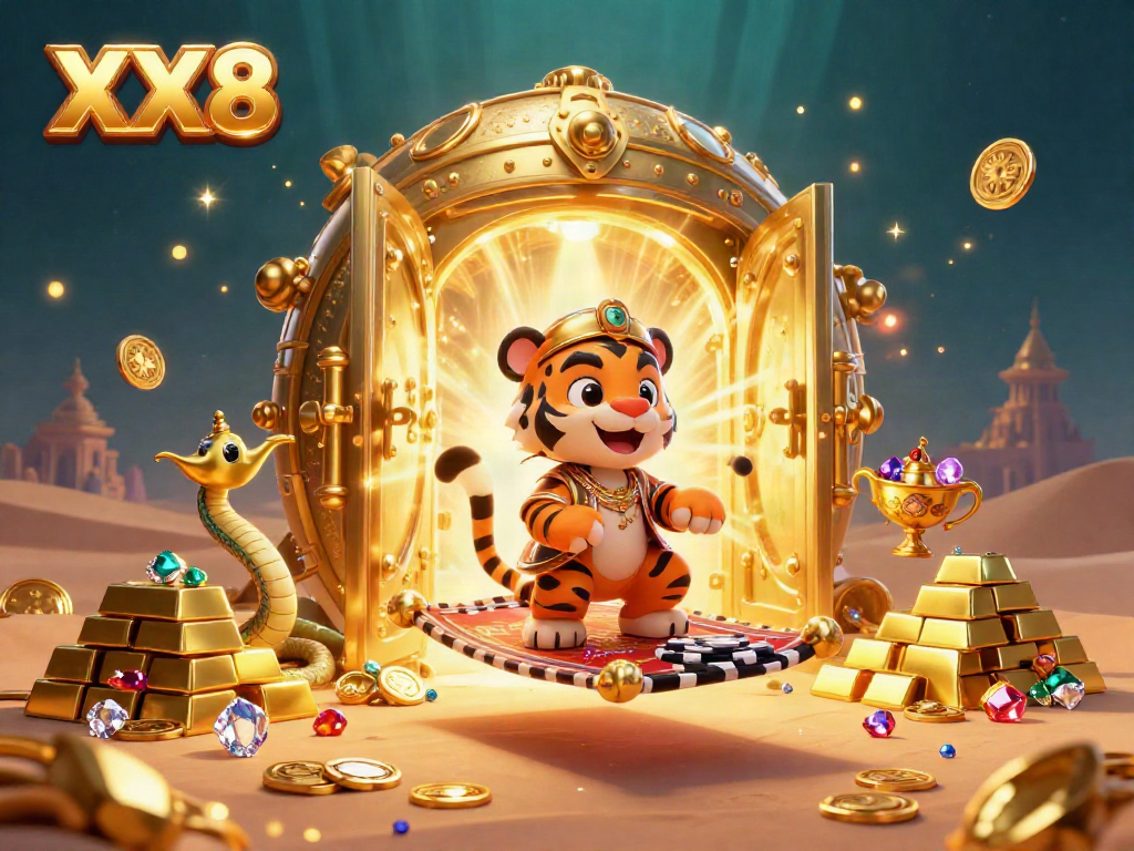 Experience the thrill of XX8 with a vibrant 3D casino scene featuring animated Arabian characters and dazzling treasures.