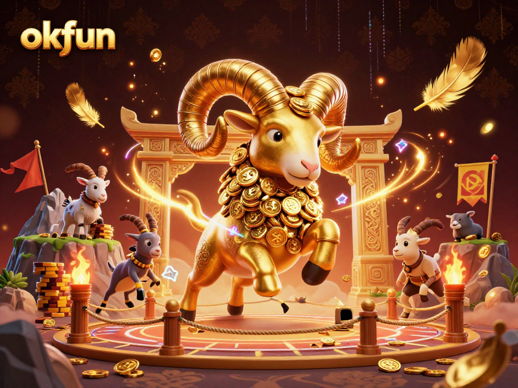 okfun players engaging with epic gambling scene featuring a golden ram, dynamic betting elements, and swirling tokens.