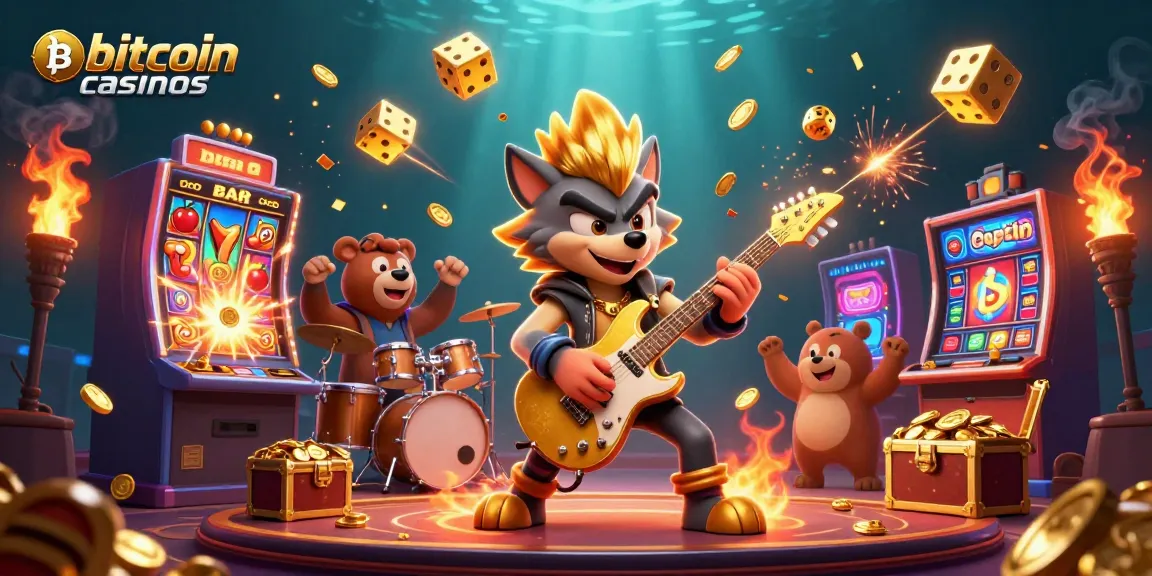 Enjoy thrilling action at bitcoin casinos with cartoon characters playing and winning in a vibrant setting.