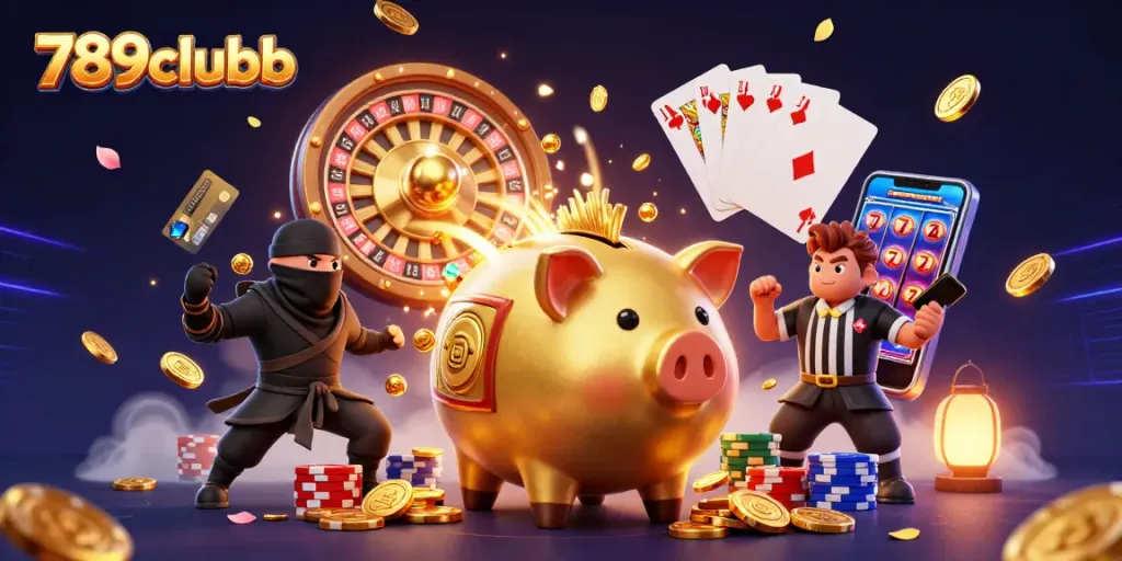 Catch thrilling moments at 789clubb with a golden piggy bank sumo wrestler surrounded by cascading coins!