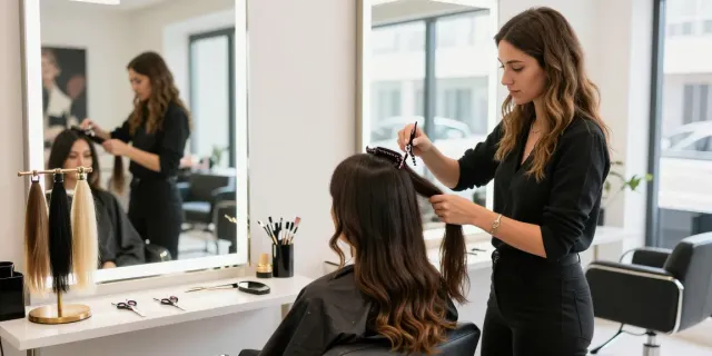 Applying huaman hair extensions and accessories in a modern salon environment, showcasing vibrant colors and textures.