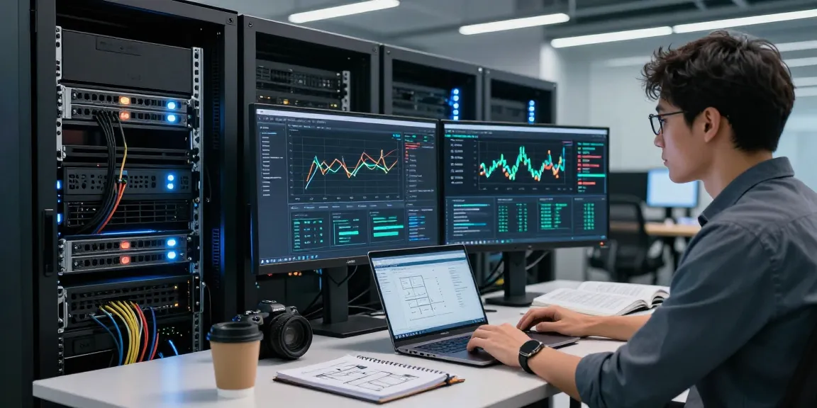 IT professional monitoring waygrid API infrastructure in a server room with dynamic analytics displayed on screens.