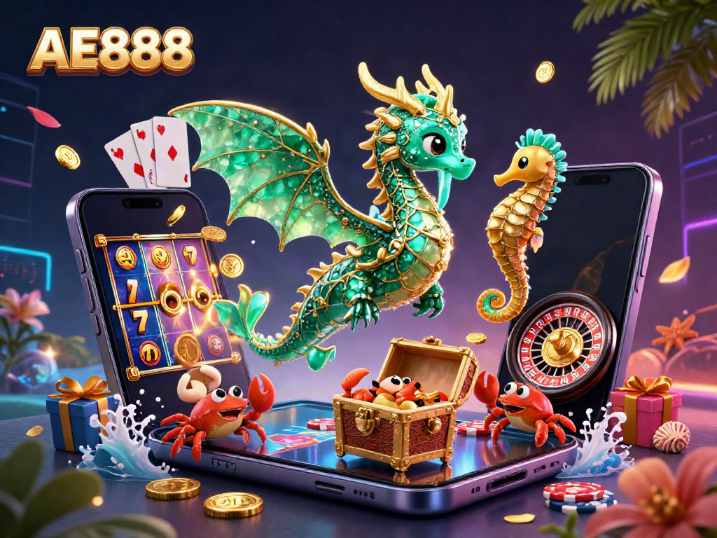 Experience exciting casino gameplay with the AE888 sea dragon, treasure chest, and vibrant slot visuals.