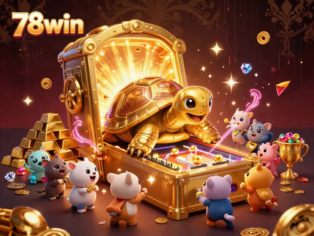Experience the excitement of 78win with a dynamic gaming scene featuring a playful golden tortoise in a vibrant casino.