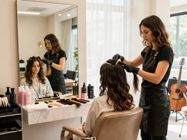 Applying huaman hair extensions and accessories in a stylish salon setting with natural light and vibrant decor.