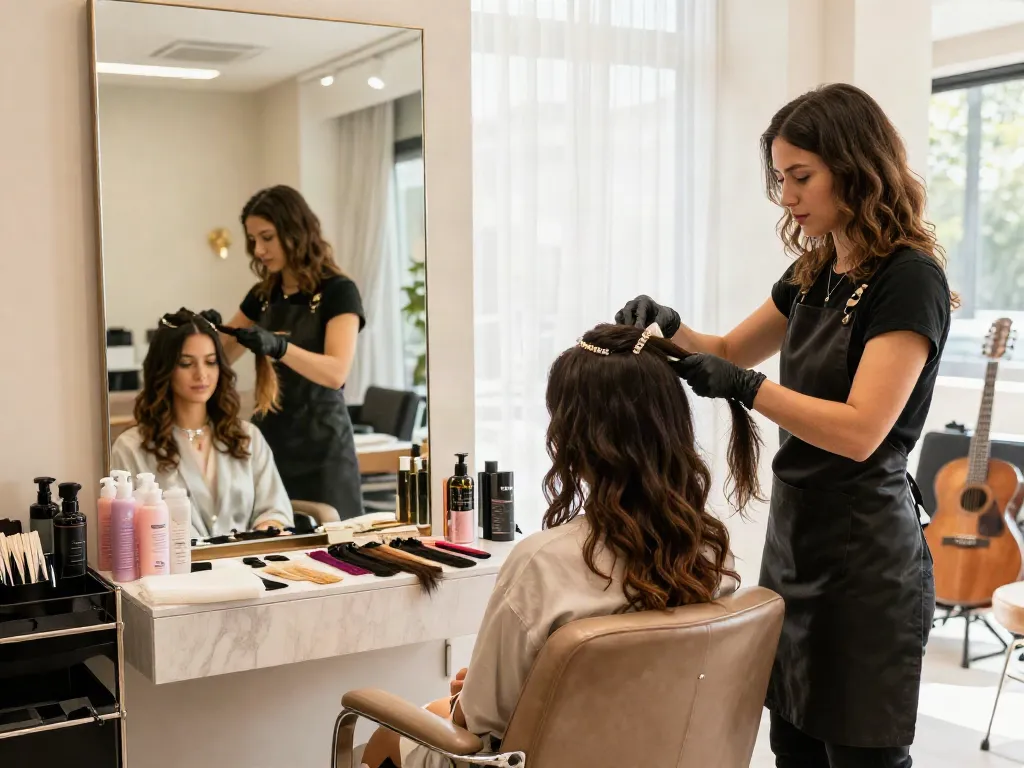 Applying huaman hair extensions and accessories in a stylish salon setting with natural light and vibrant decor.