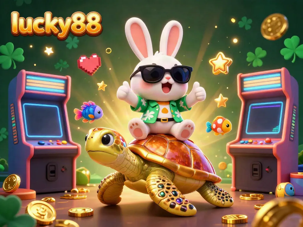 Experience the lively world of lucky88 with a colorful scene featuring a charming rabbit and golden sea turtle amidst gaming excitement.