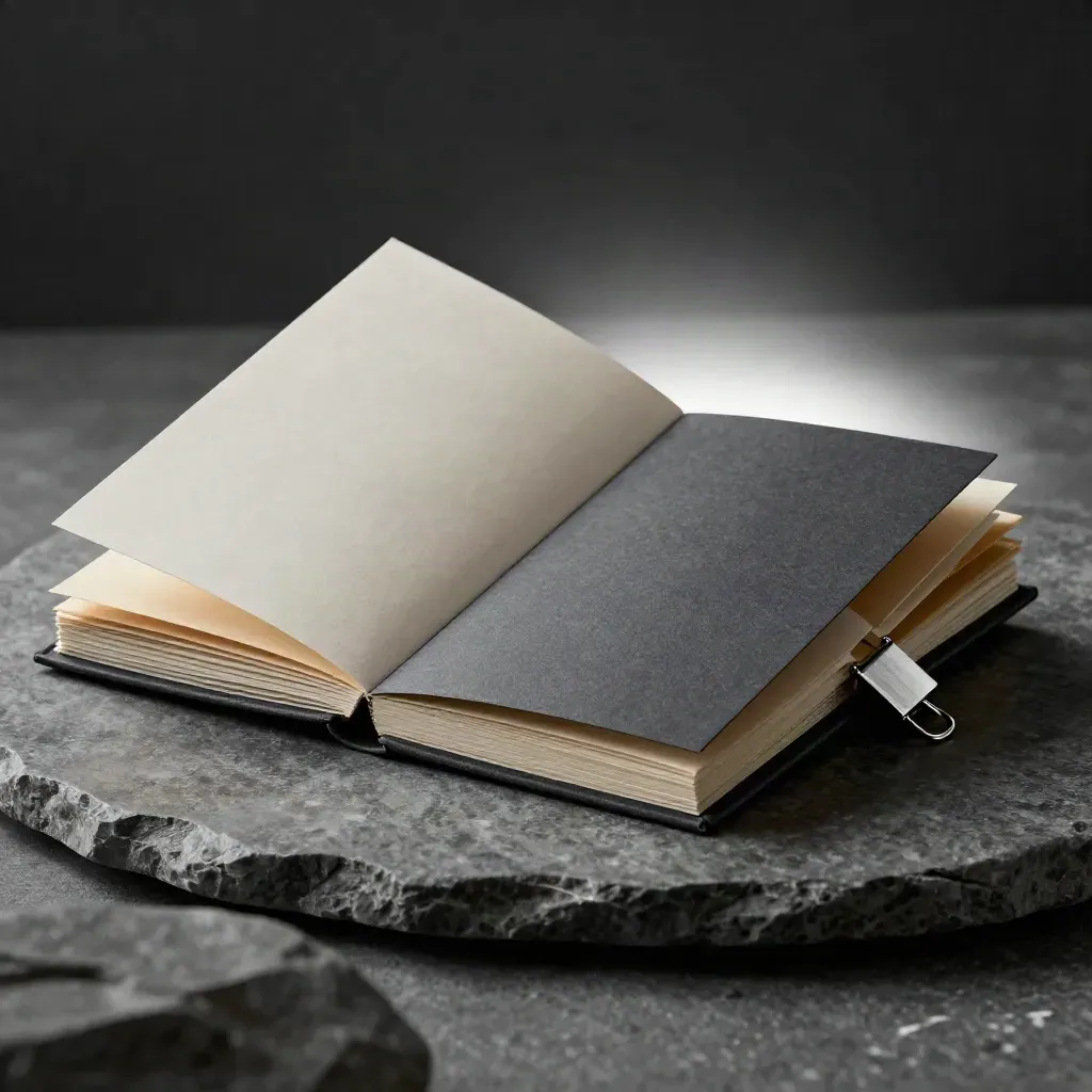 Open checklist booklet beside sealed envelopes and a paper clip on dark stone under moody studio light