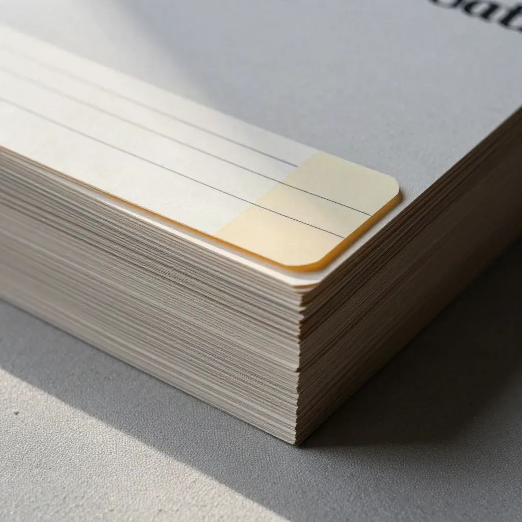 Macro of fanned subject-line test cards on ash-grey linen with pale tabs and soft daylight.