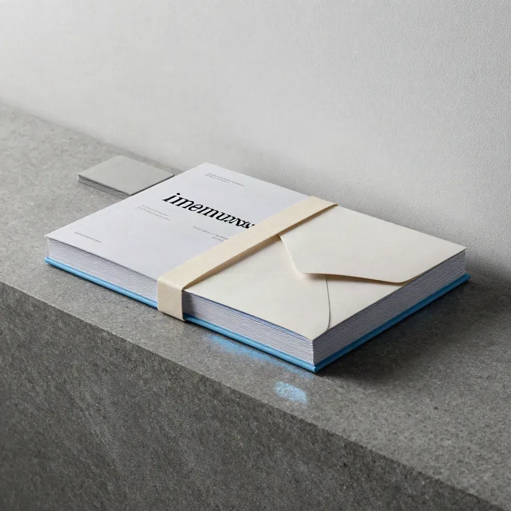 Three guide booklets, card deck, and envelope folder sliding on a plaster ledge.