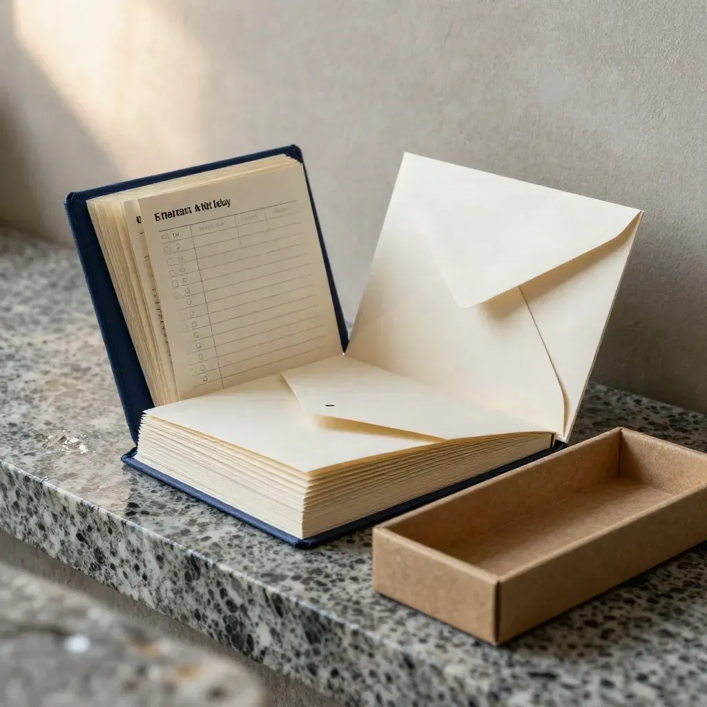 Email starter kit box with booklet, checklist cards and envelope sleeve on travertine, softly lit