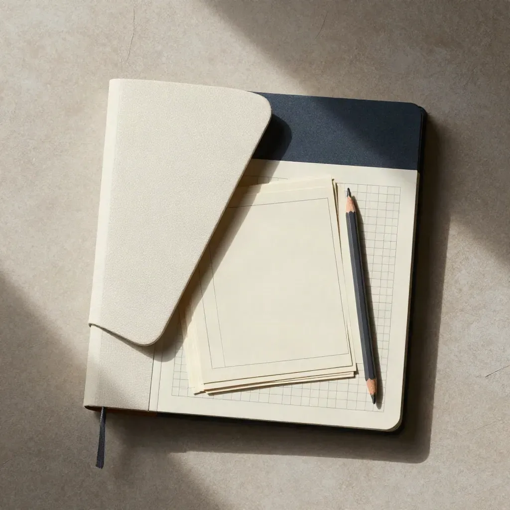 Overhead flatlay of a newsletter workbook, outline cards, and pencil stub on pale plaster.
