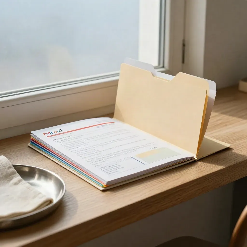 Tabbed inbox setup guide booklet beside a folder and label sheet on a sunlit windowsill.
