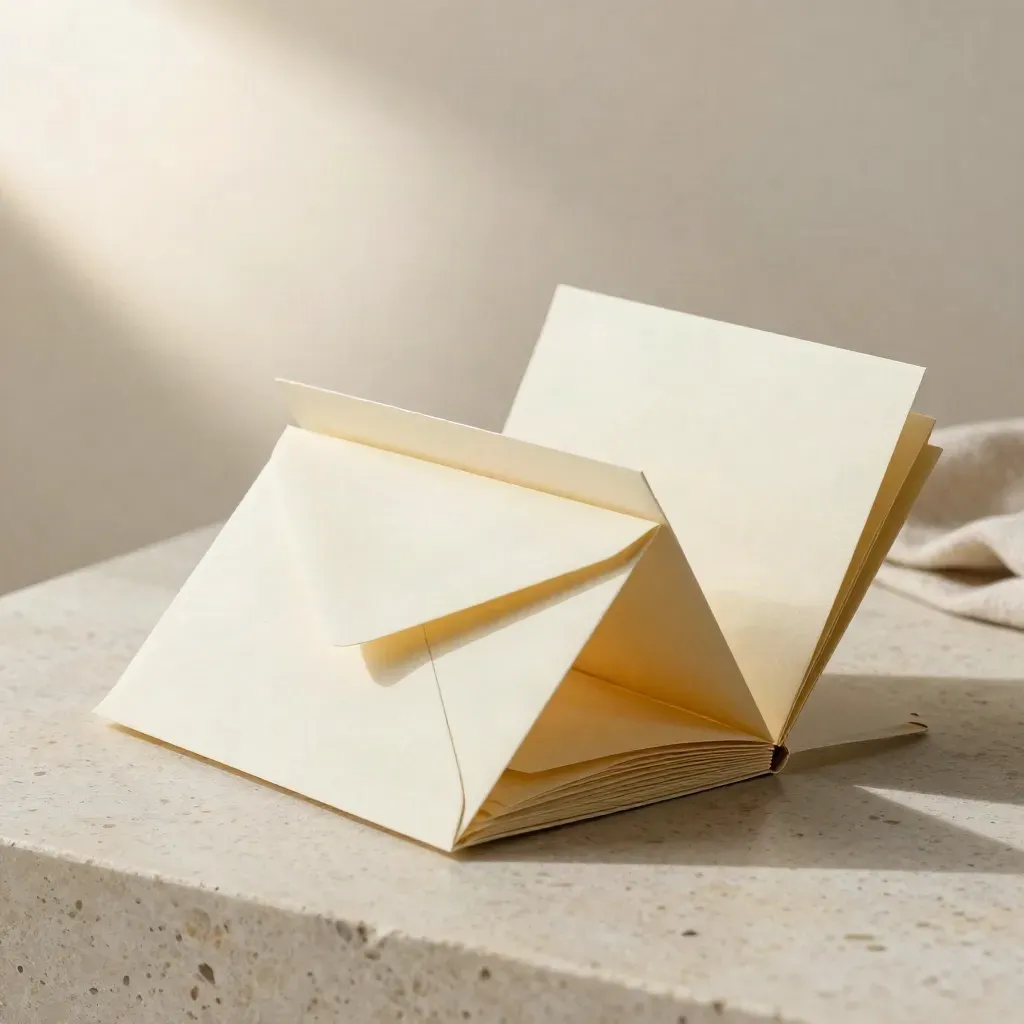 Folded welcome email templates set with envelope, cards, and warm yellow accent on travertine.