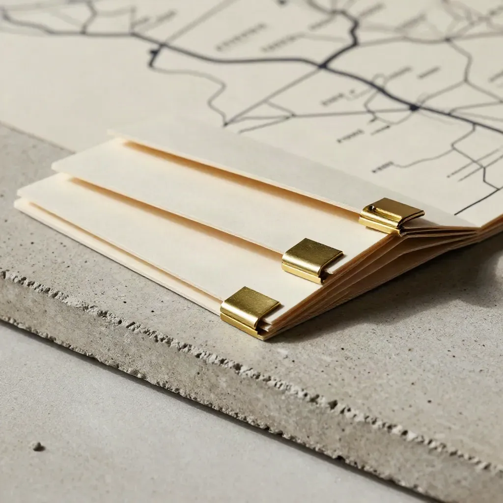 Folded automation map board with modular cards and brass clips on pale concrete.