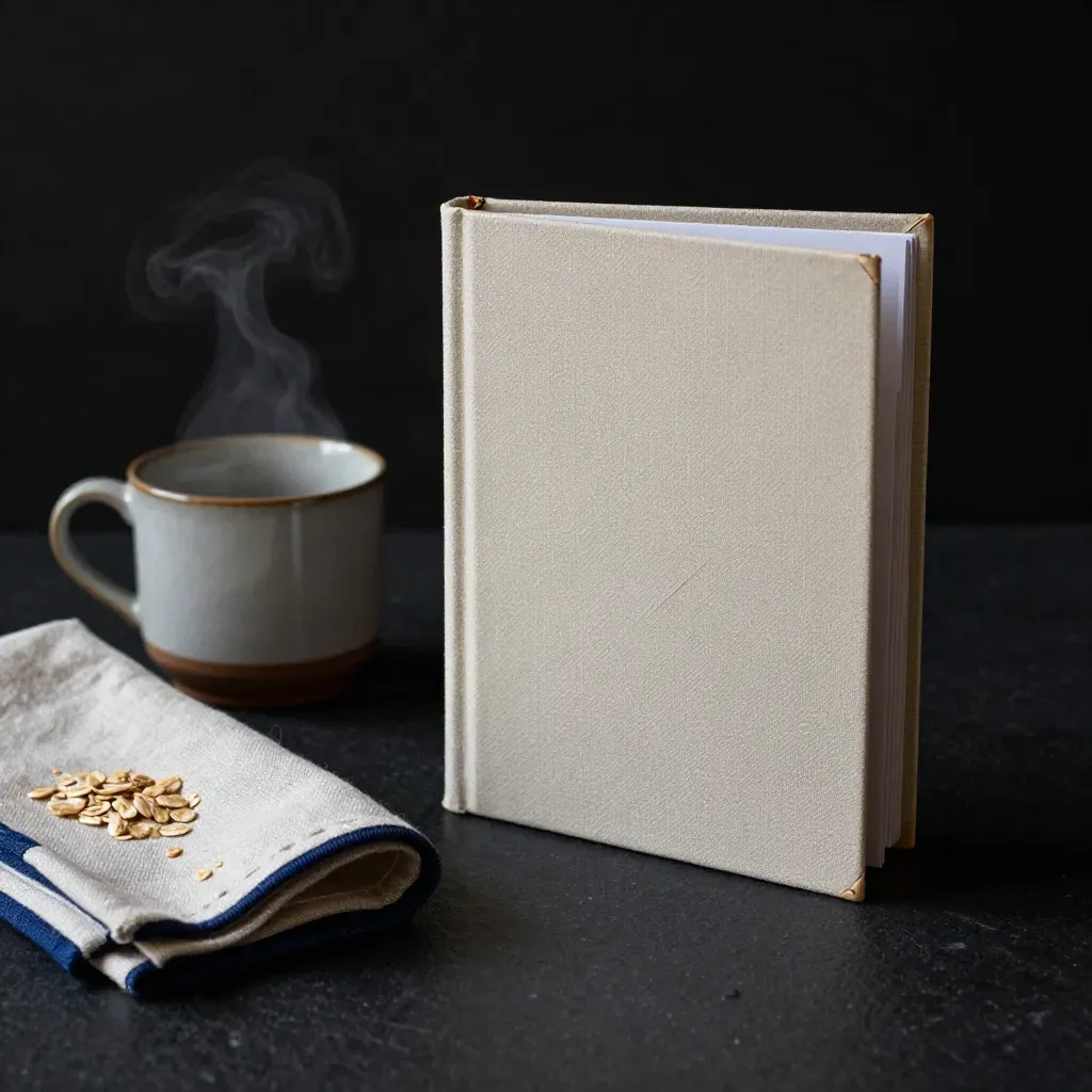 Macro handbook with tabs beside a ceramic cup and folded cloth on a dark studio surface