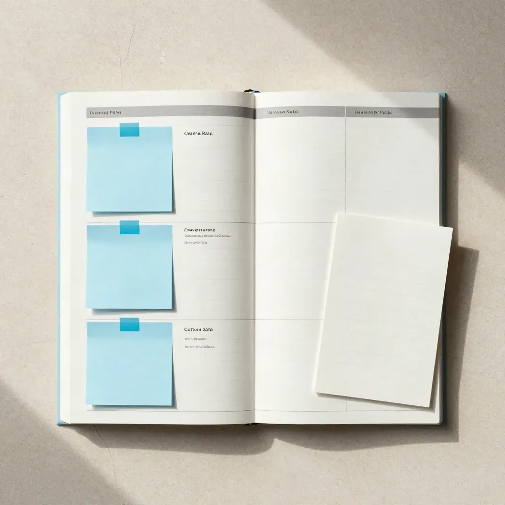 Overhead flatlay of an open email fix sheet with blue tabs and a note card