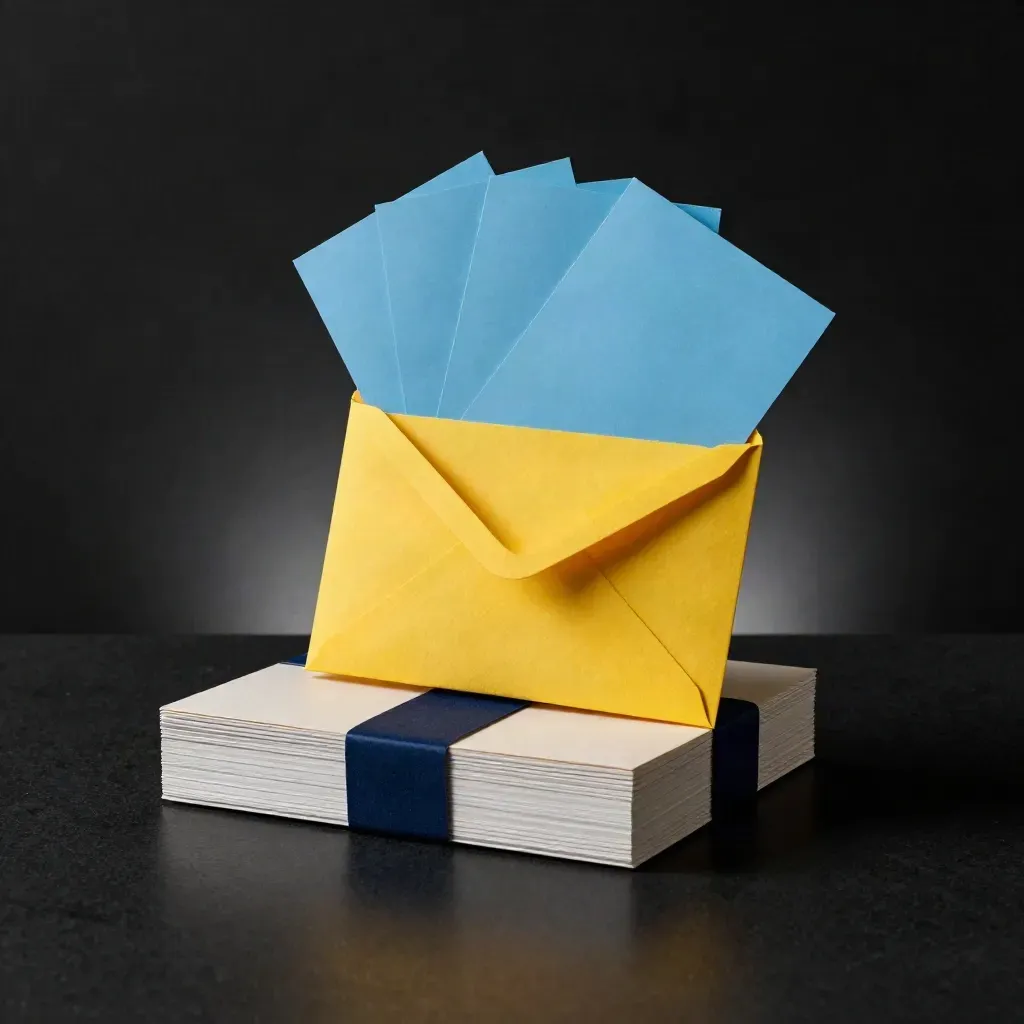 Bundle of email guides with yellow envelope and blue tabs on a dark studio surface.