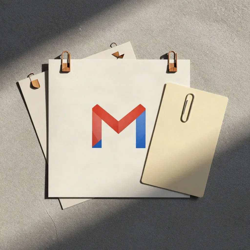 Overhead flatlay of a booklet, folded card, tab markers and a paper clip on cool concrete.