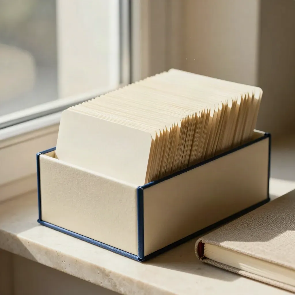 Sunlit card box with index cards and a linen notebook on a stone shelf.
