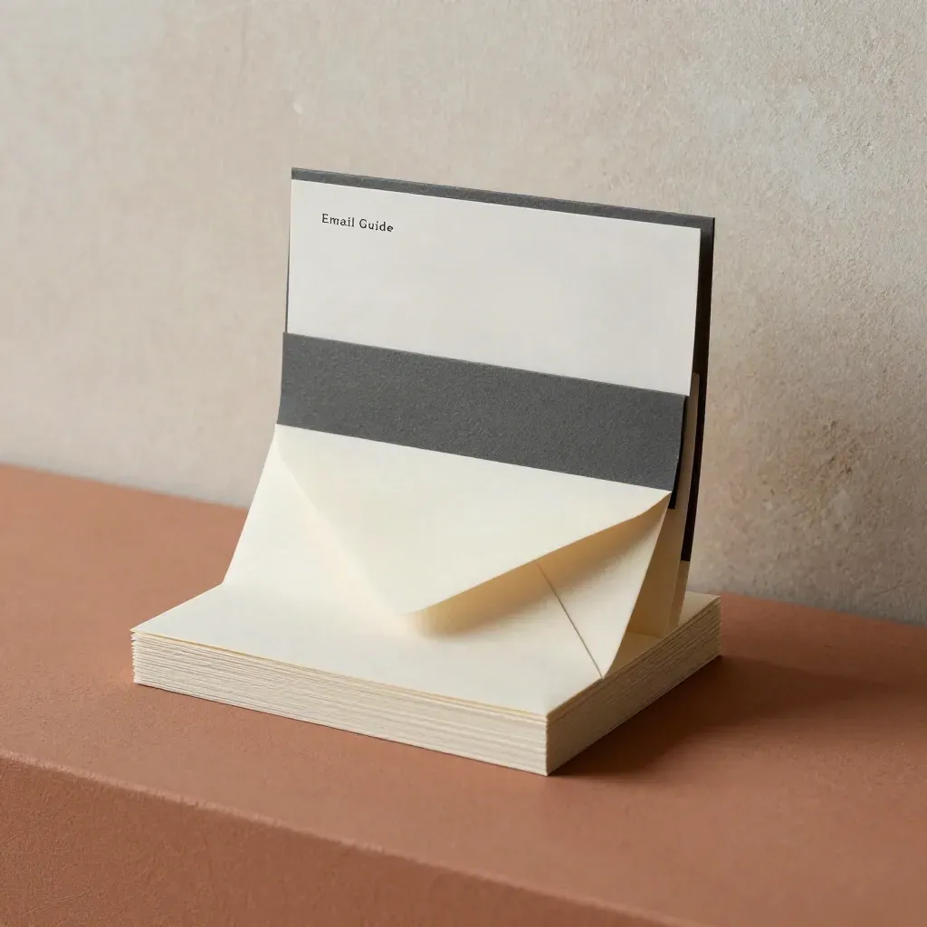 Cold email starter booklet, envelope, and clipped card on terracotta clay, studio-lit hero shot.