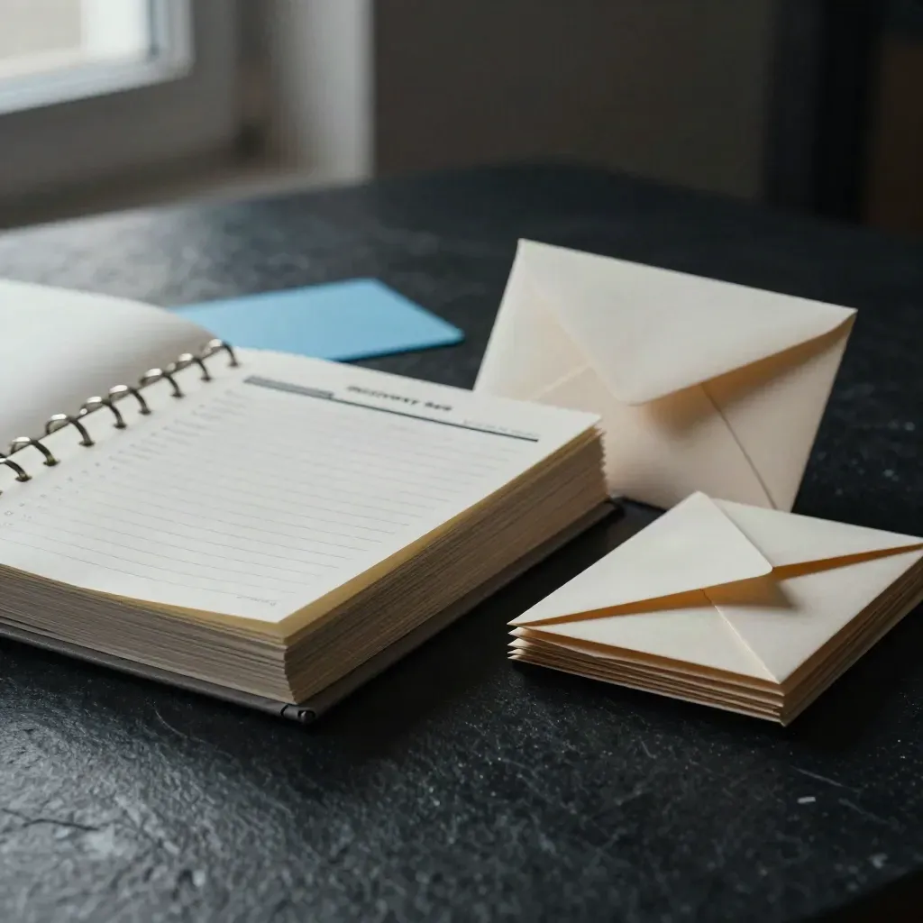 Dark binder with tabbed sections and stacked envelopes on matte-black stone, lit in dramatic rim light.