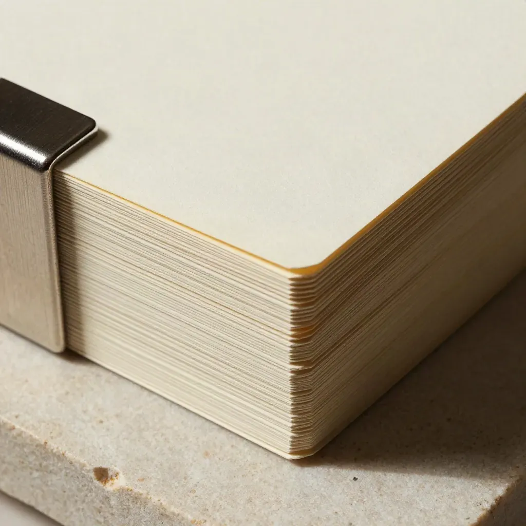 Macro of a fanned paper swipe file deck on limestone with a slim metal clamp.