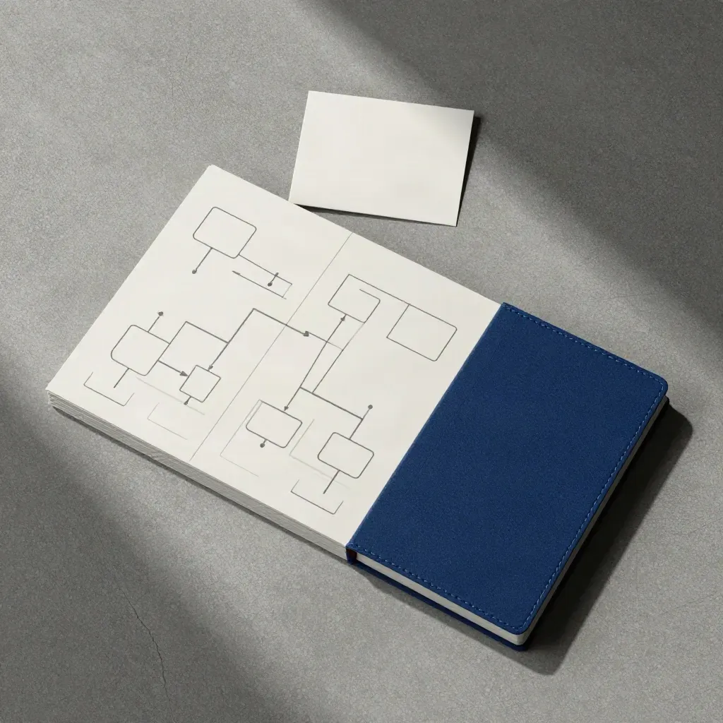 Overhead flatlay of automation flow cards and a slim booklet on cool concrete