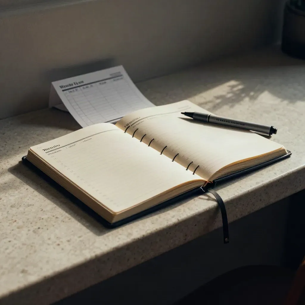 Open weekly send planner with tabs and paper markers on travertine in soft daylight.