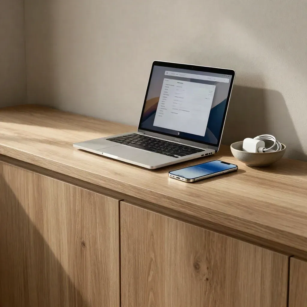 Pale oak counter with a laptop and phone under soft window light, calm plaster wall behind.