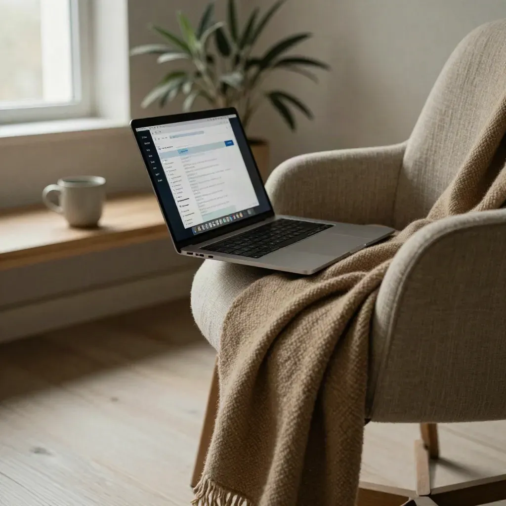 Warm reading nook with linen chair, laptop, throw, plant, and calm copy space