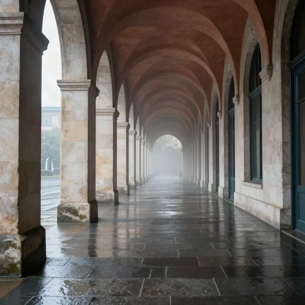 Rain-darkened stone arcade with wet reflections and misty depth.