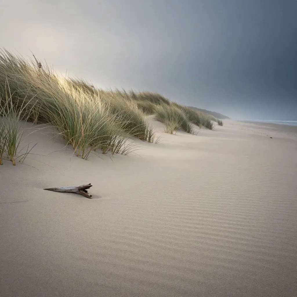 Foggy coastal dune with pale sand and wind-bent grass under a cool morning sky.