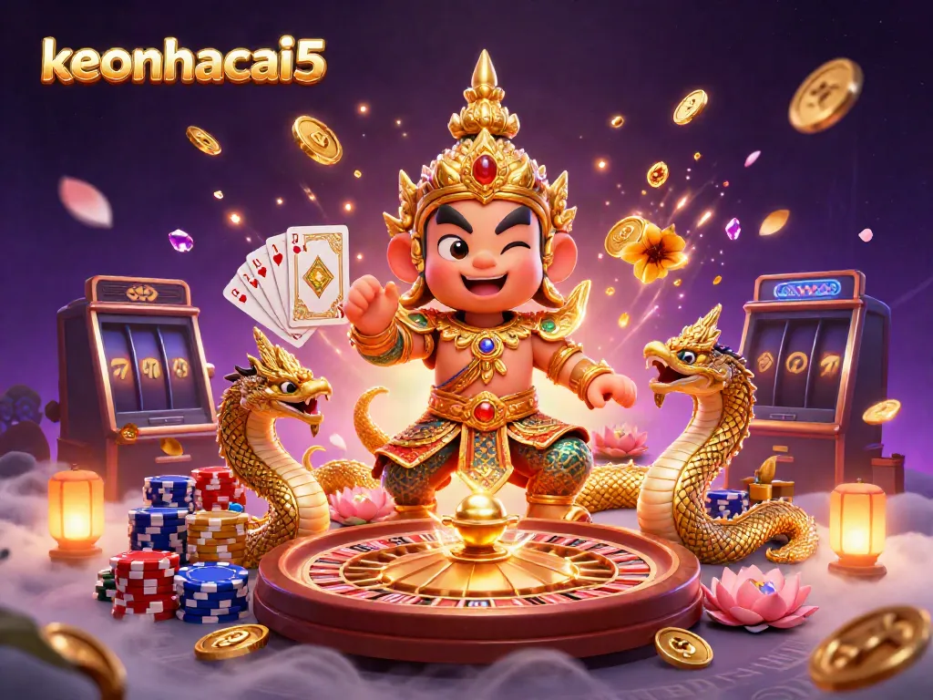 Engage with keonhacai5 as the guardian spirit winks amid golden coins and dynamic casino elements.