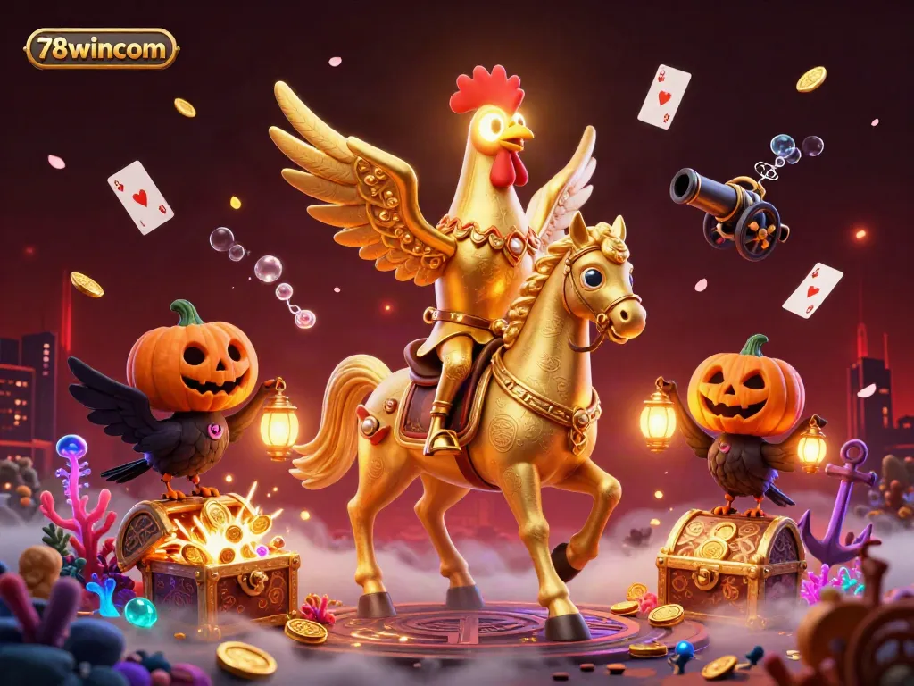 The 78wincom scene showcases a golden rooster headless horseman and crow companions in a midnight casino filled with treasures.