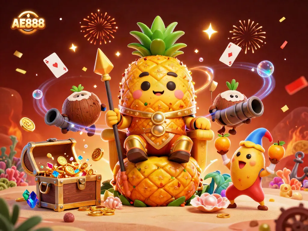 Experience the vibrant AE888 casino scene with a golden pineapple king and dynamic game elements.