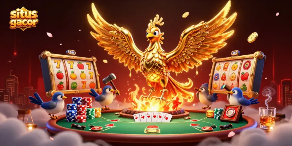 Experience situs slot gacor with vibrant slot reels and a golden phoenix in a captivating casino scene.