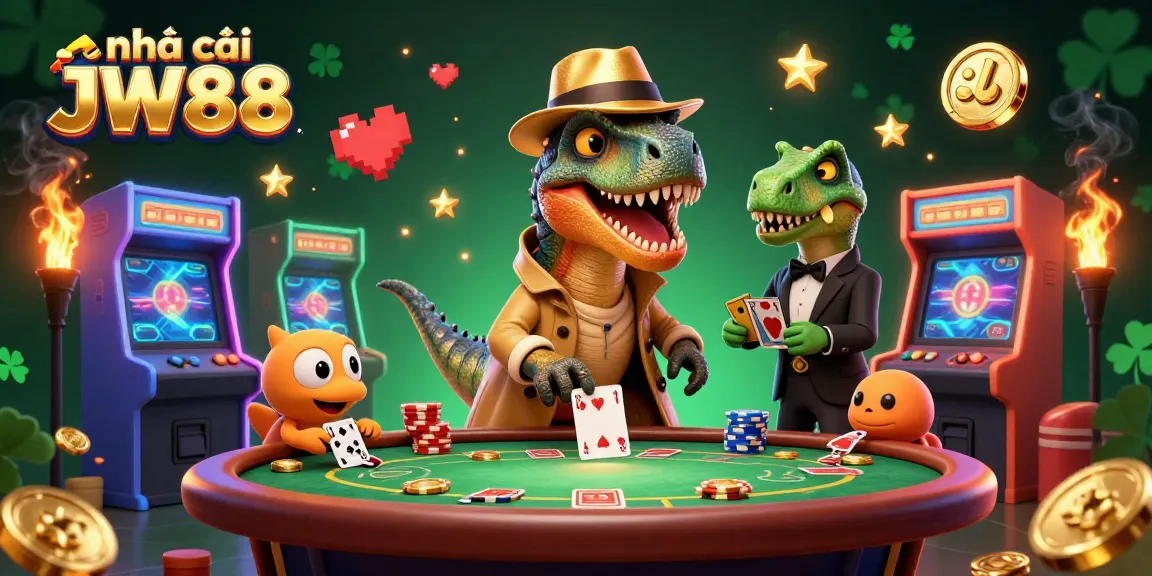 Engaging scene featuring nhà cái JW88 with a velociraptor card counter and colorful casino elements.