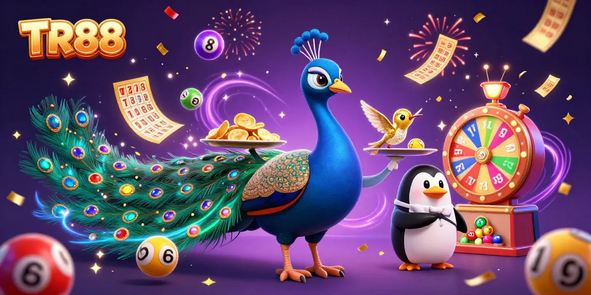 Experience vibrant gaming with TR88 featuring a stunning peacock, cheerful penguin, and a hummingbird in an energetic casino scene.